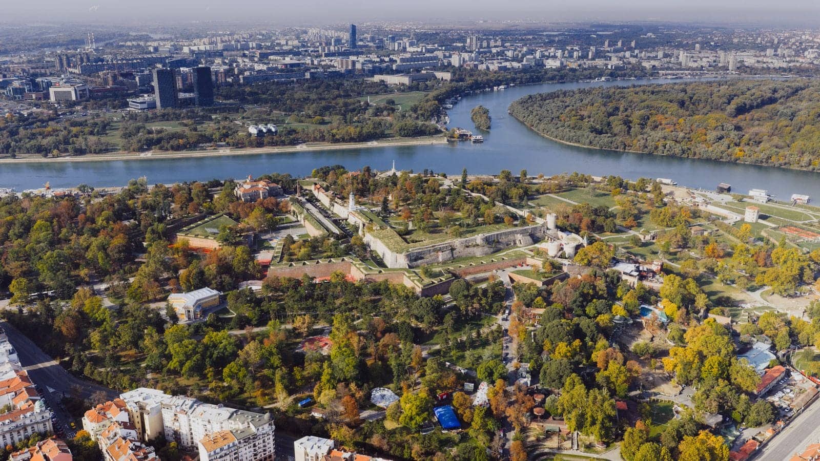 Белградская крепость Калемегдан в осенних деревьях над слиянием Савы и Дуная, вид сверху